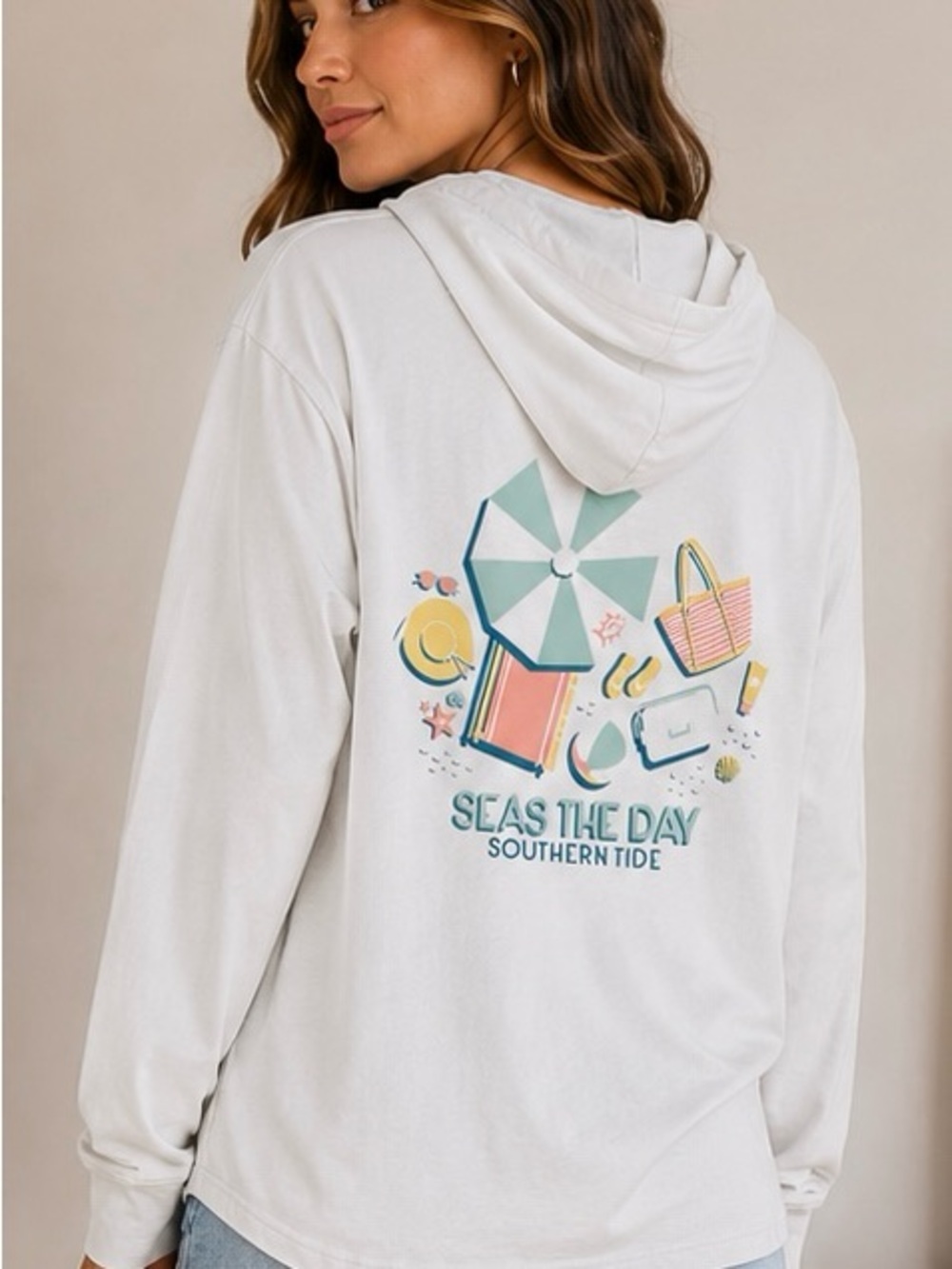 Southern Tide White Long Sleeve Pocket Tee with Pink & Teal Sunglasses Logo